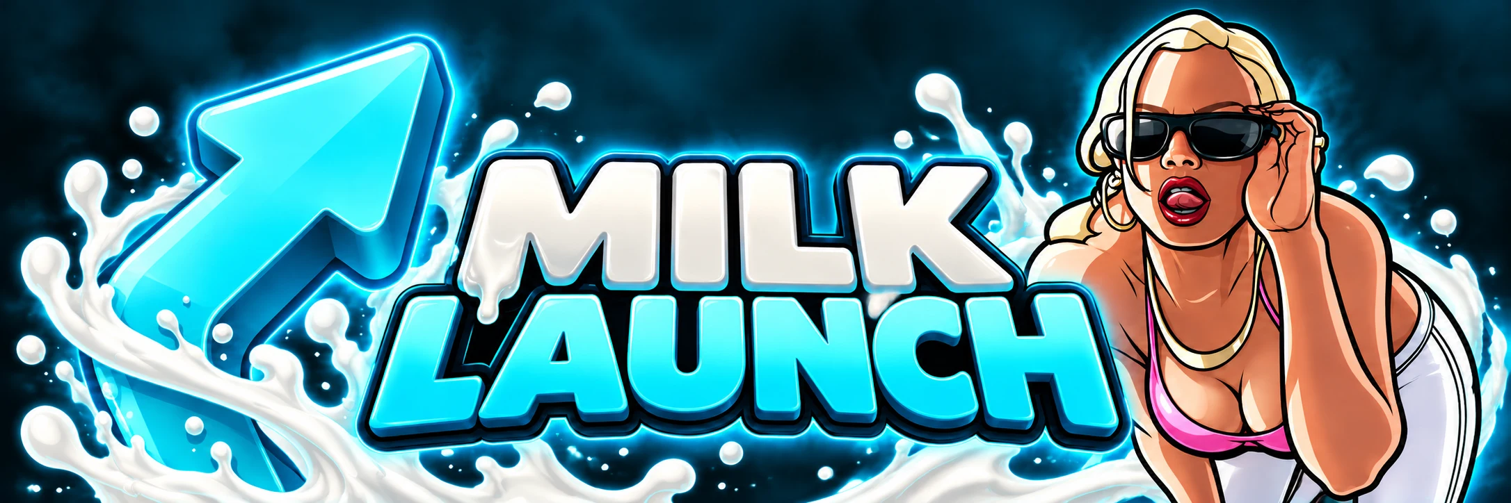 Milk Launch mascot with cyan launch arrow and milk splashes